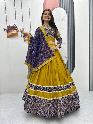 Mustard yellow and purple pure cotton embroidered lehenga choli

