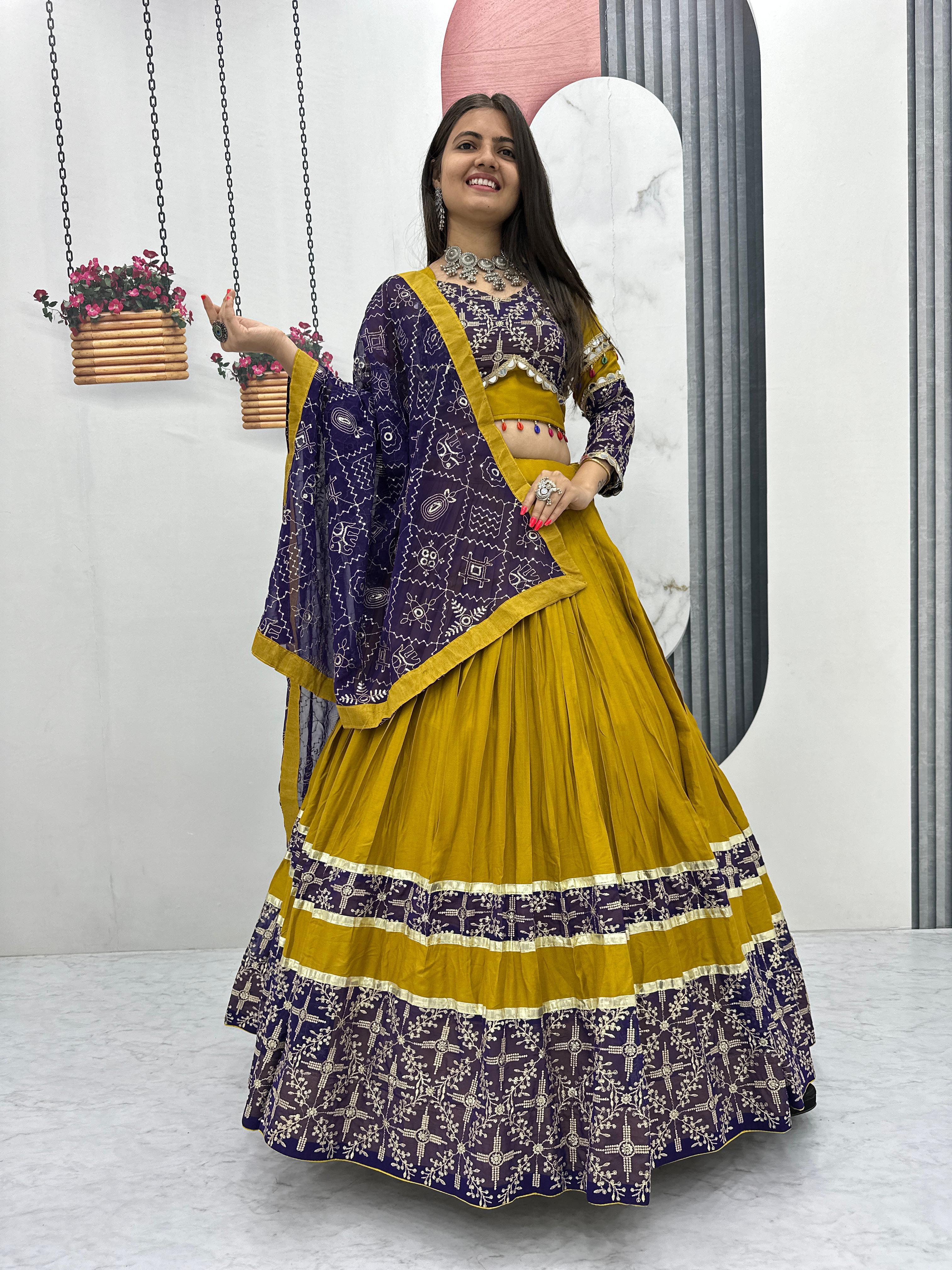 Mustard yellow and purple pure cotton embroidered lehenga choli

