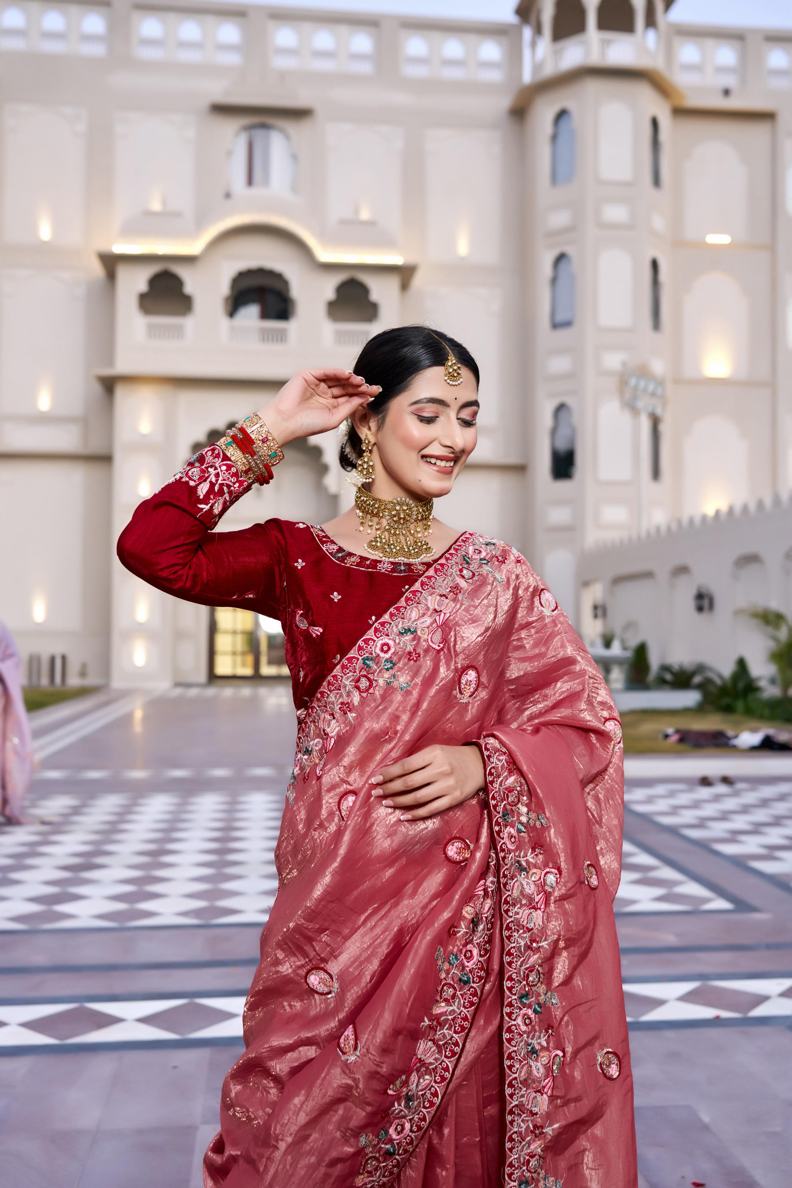 onion pink wedding silk saree