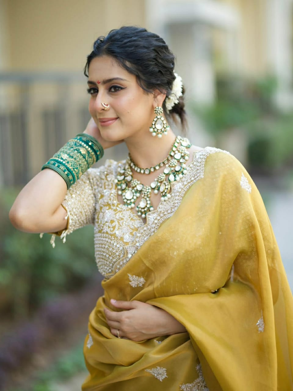 Woman in elegant tissue silk attire