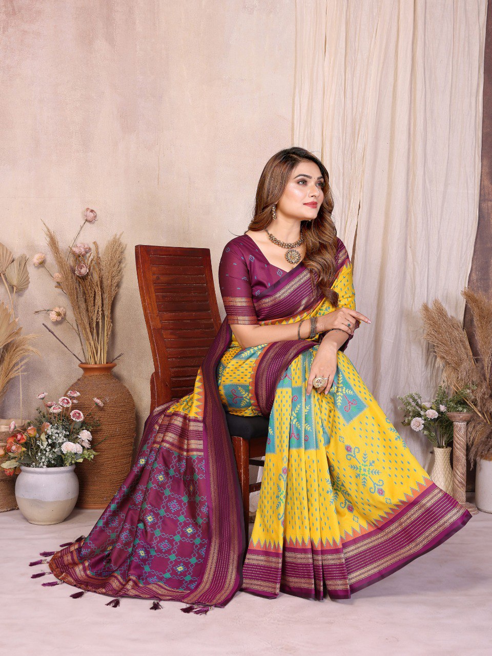 Woman wearing a colorful saree sitting in a room with decorative elements.