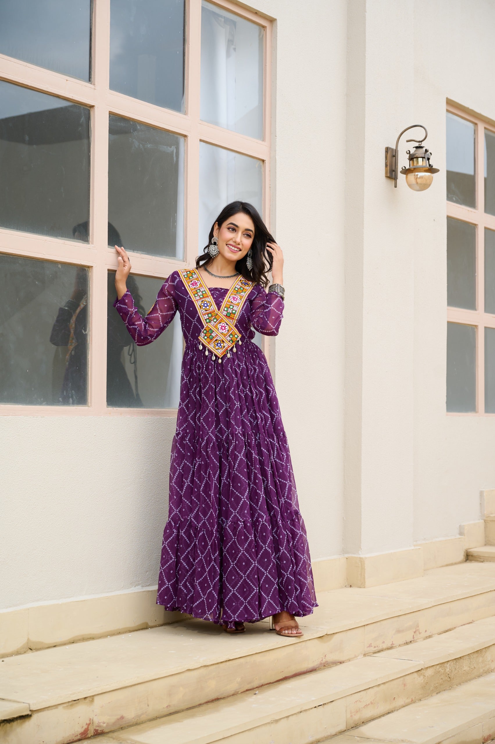 Full-length pu bandhani gown with cotton liningple