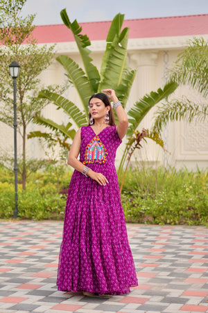 Sleeveless purple embroidered gown front view

