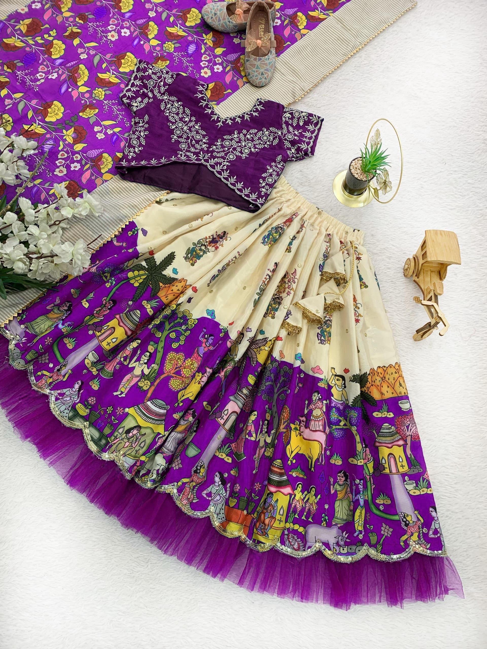 Purple Kalamkari Lehenga Choli Set with Floral Motifs and Tulle Layer
