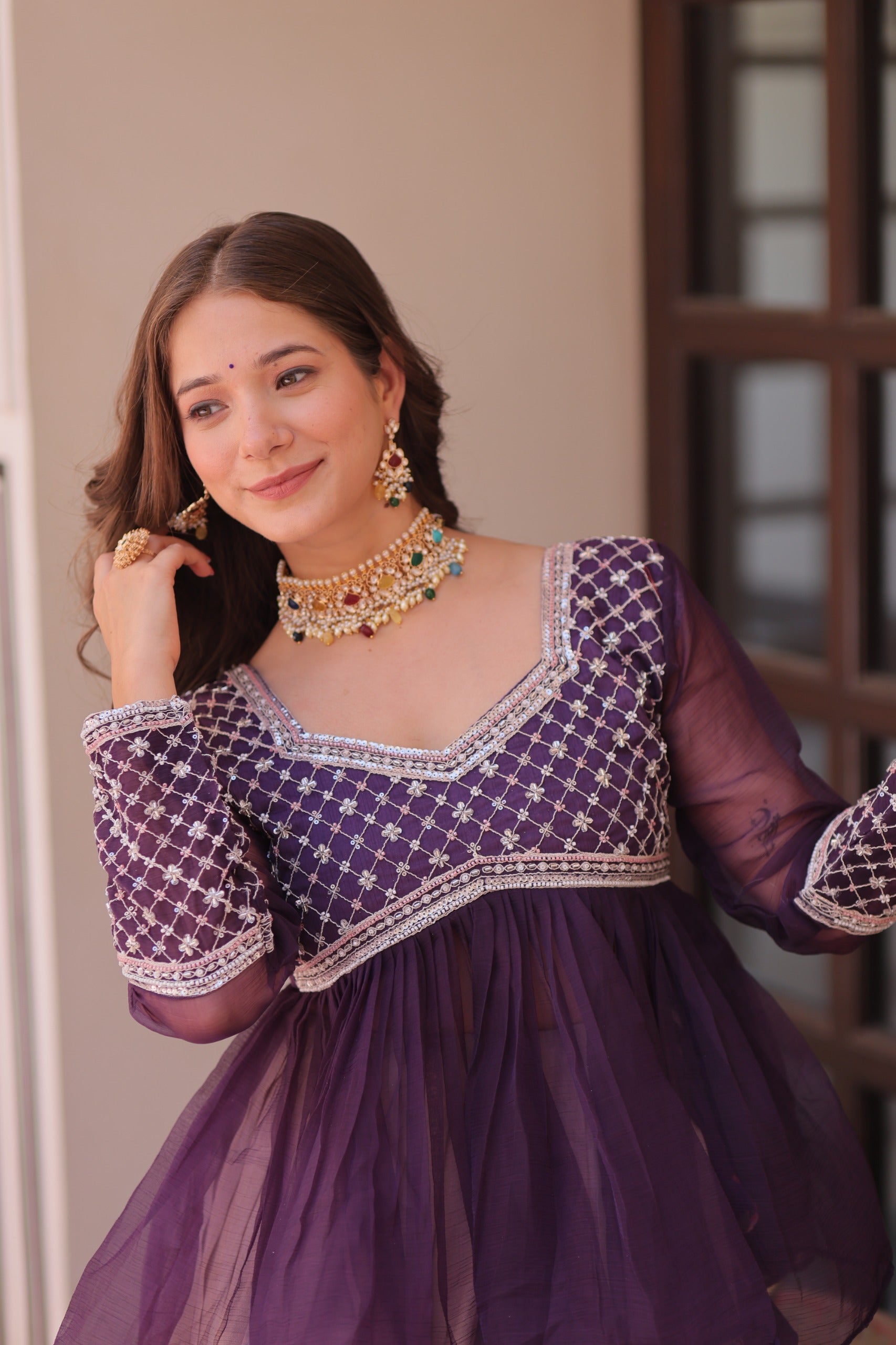 Purple Floral Print Lehenga Set with Embroidered Peplum Top – Fully Stitched Outfit