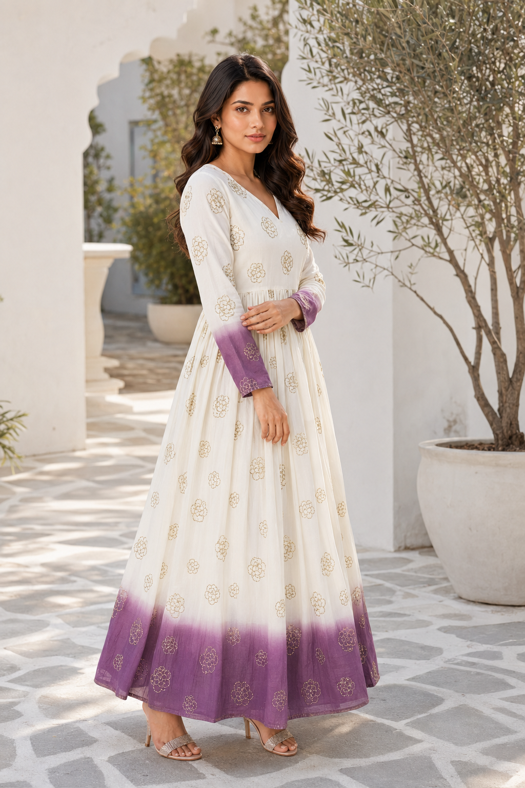 Women’s party wear gown with fancy V neck design