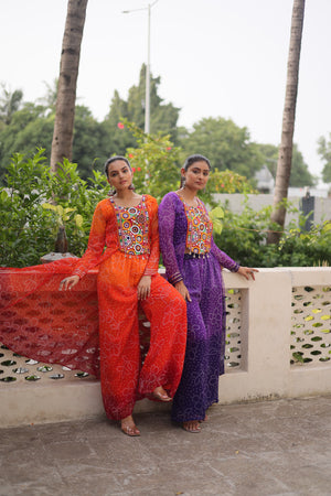 Purple and orange Bandhani kurta set with Kutchi patchwork

