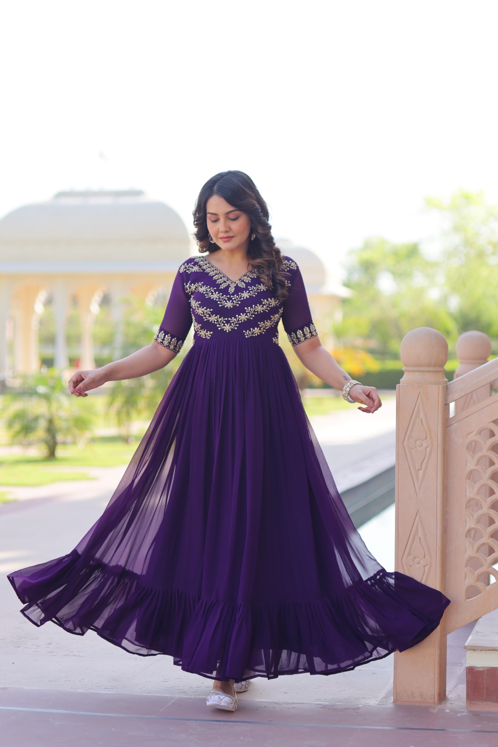 Full view of royal purple gown with heavy embroidery and cotton inner