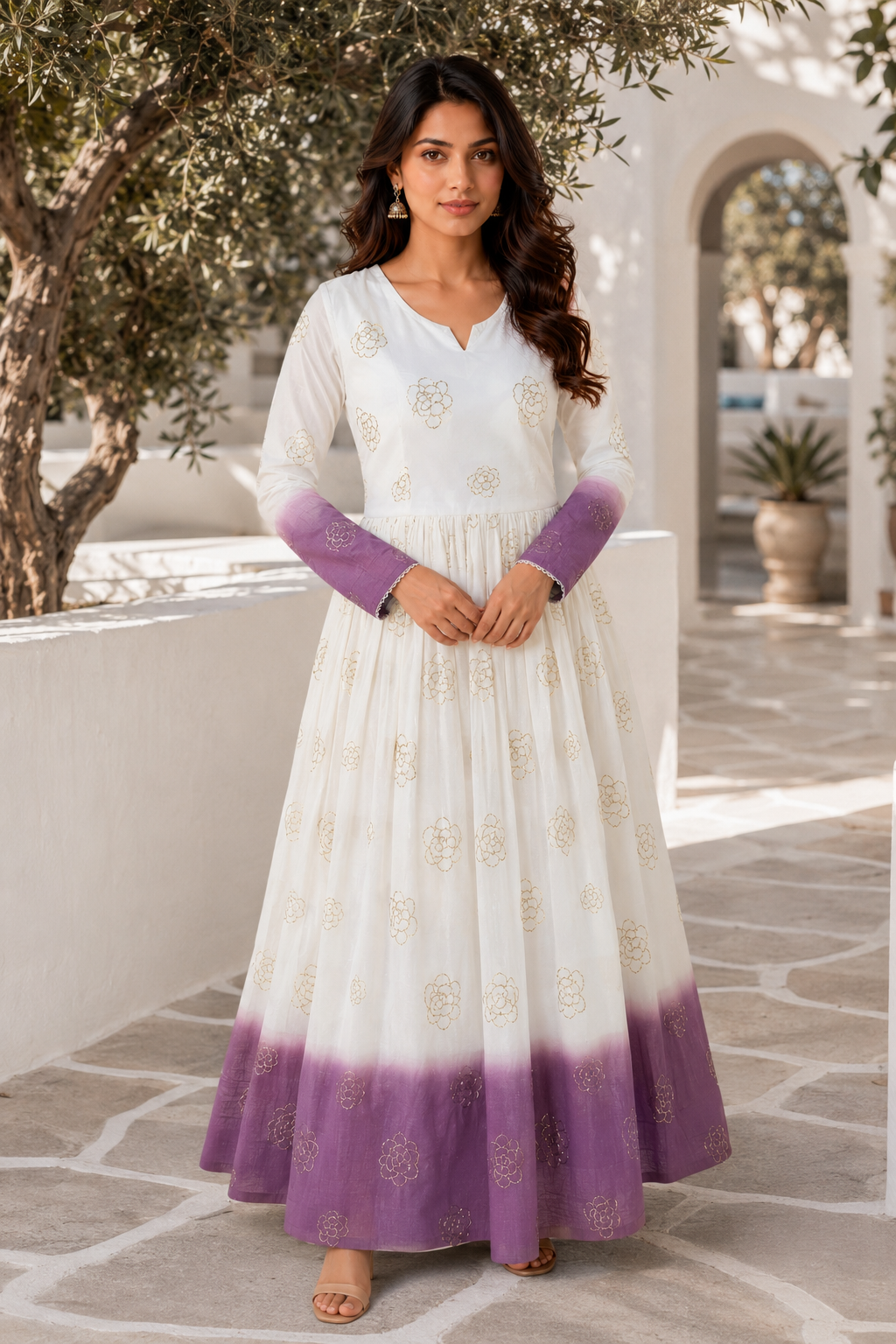 purple colour Long sleeve ethnic gown with elegant flair