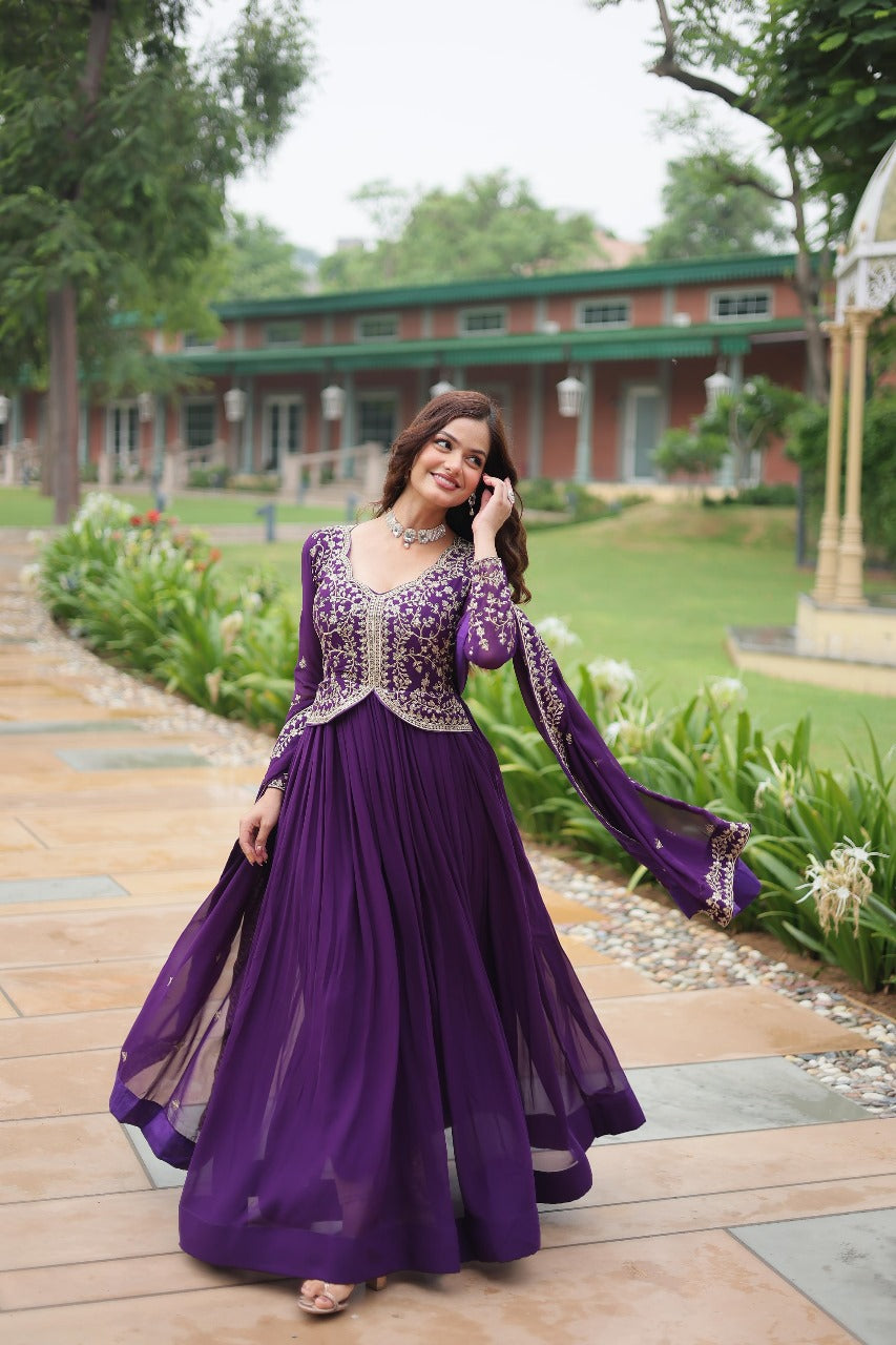 purple embroidered gown
