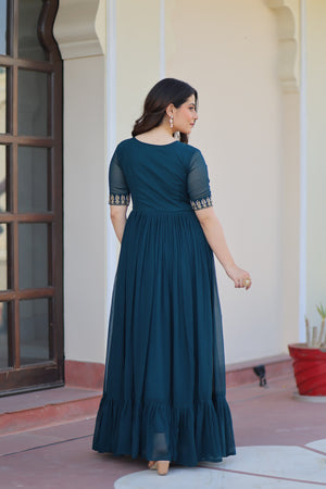 Full-length view of Rama green designer gown with sequin and bead embroidery
