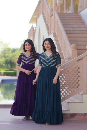 Vastralyn Rama green gown with 7-meter flair and stylish V-neck