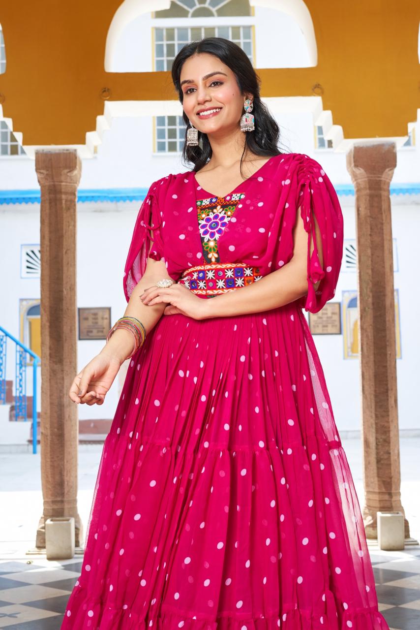 Indian mirror work Anarkali gown in pink

