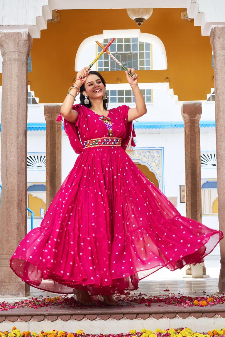 Rani pink Bandhani print gown with mirror work

