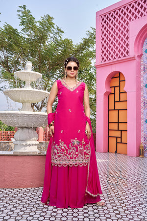 Rani pink star georgette embroidered kurti plazzo set
