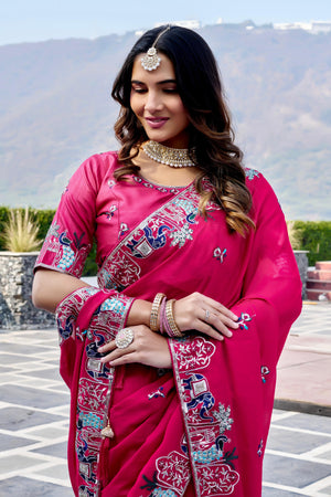 Rani pink satin chiffon saree with sequin embroidery