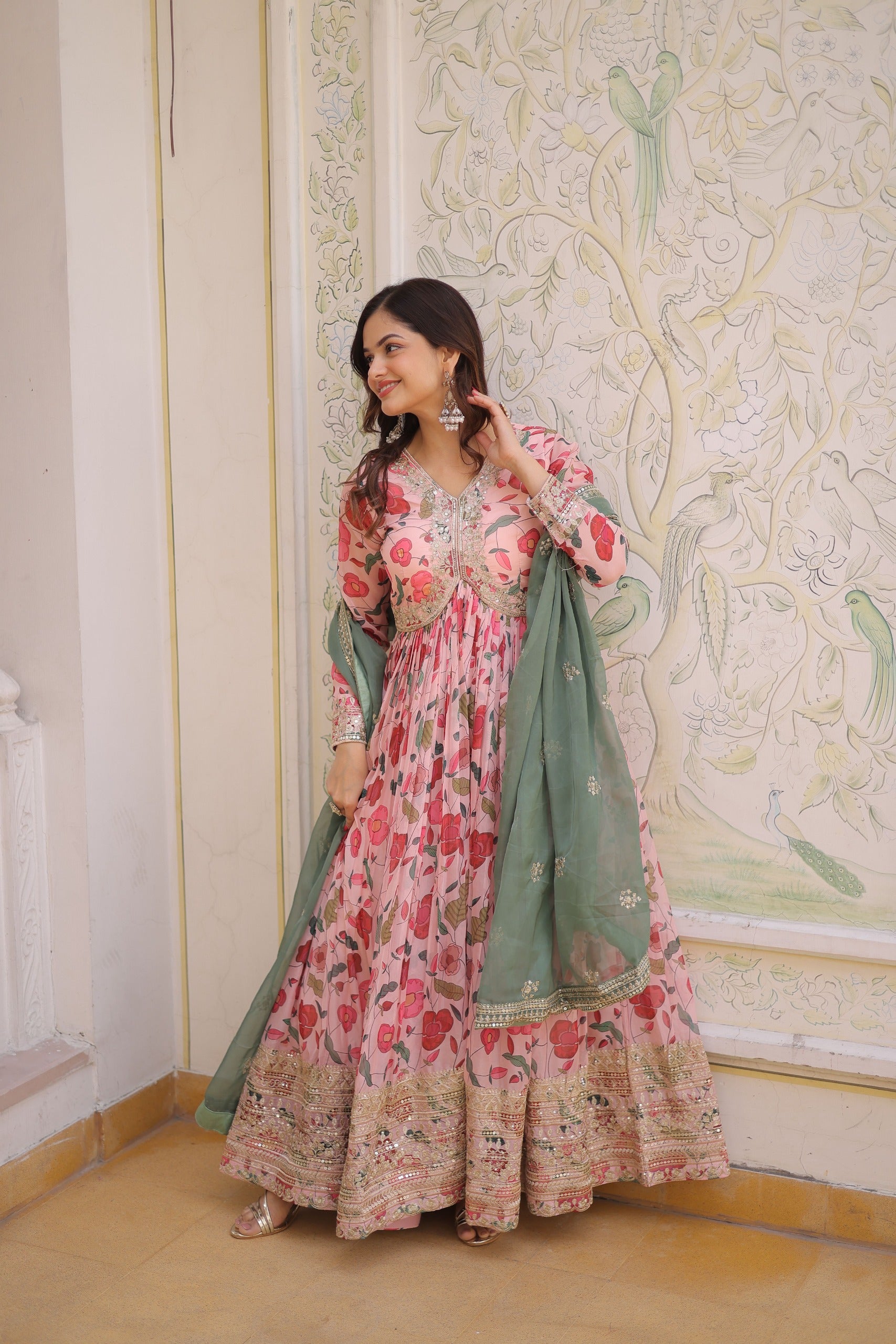 Russian silk gown with sequin embroidery