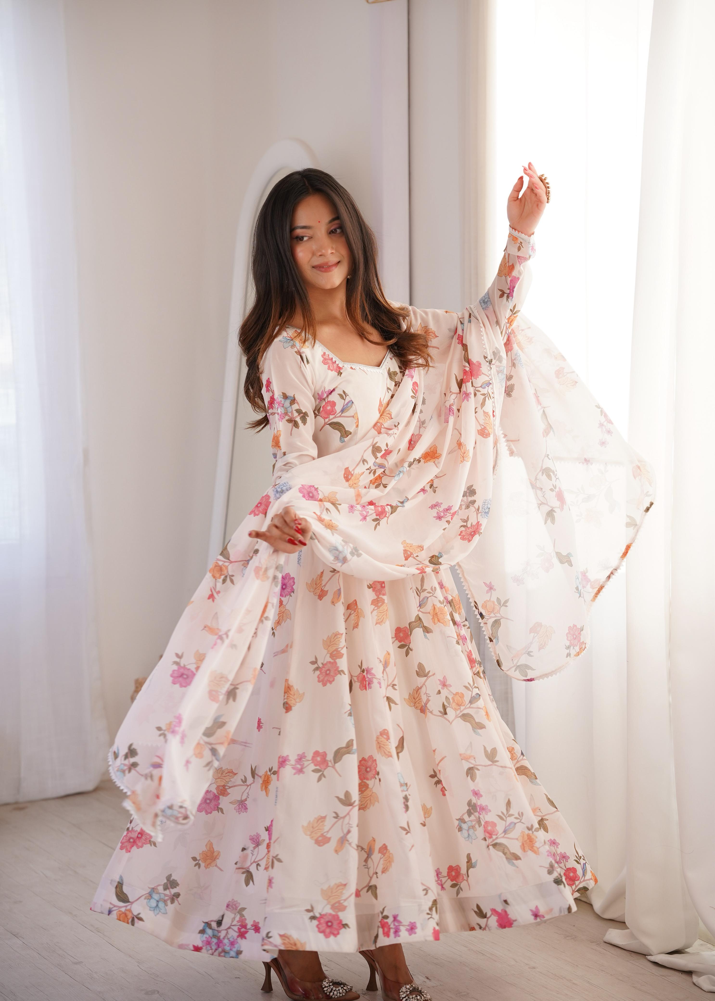Long sleeve floral georgette gown party wear