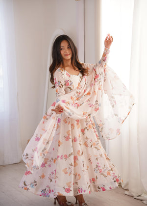 Long sleeve floral georgette gown party wear