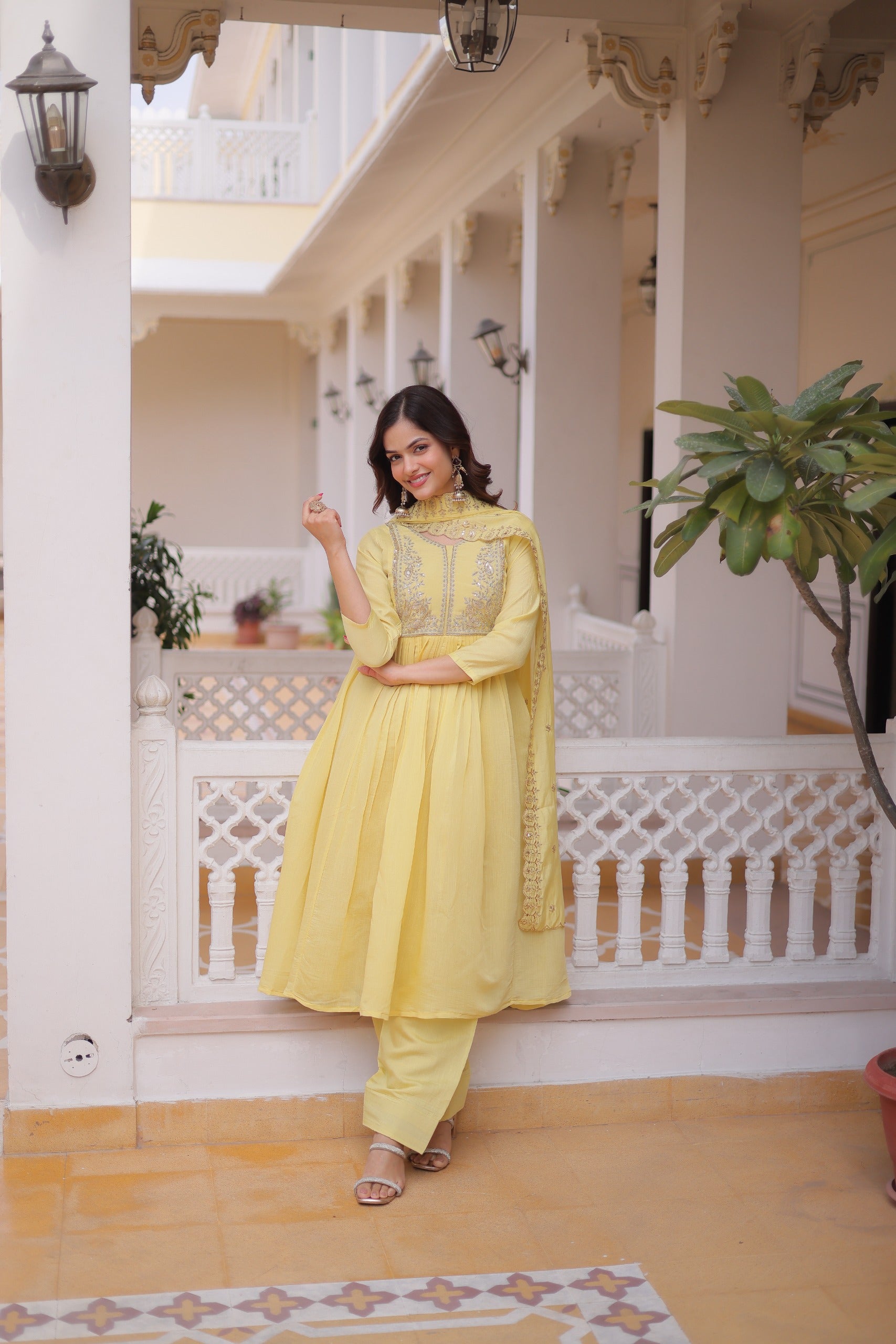 Indian ethnic gown set for women with dupatta and bottom design