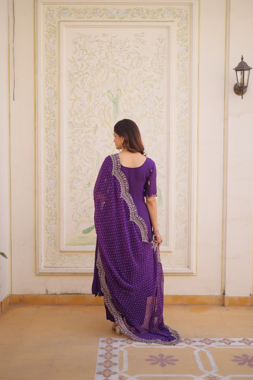 mul chanderi embroidered kurti set with pant and dupatta