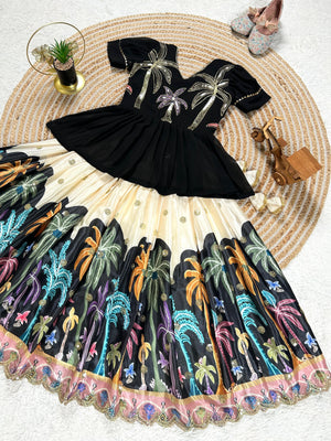 Black and cream kids lehenga with vibrant thread work