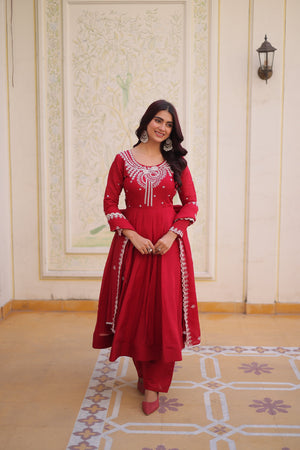 Party wear red gown with embroidery