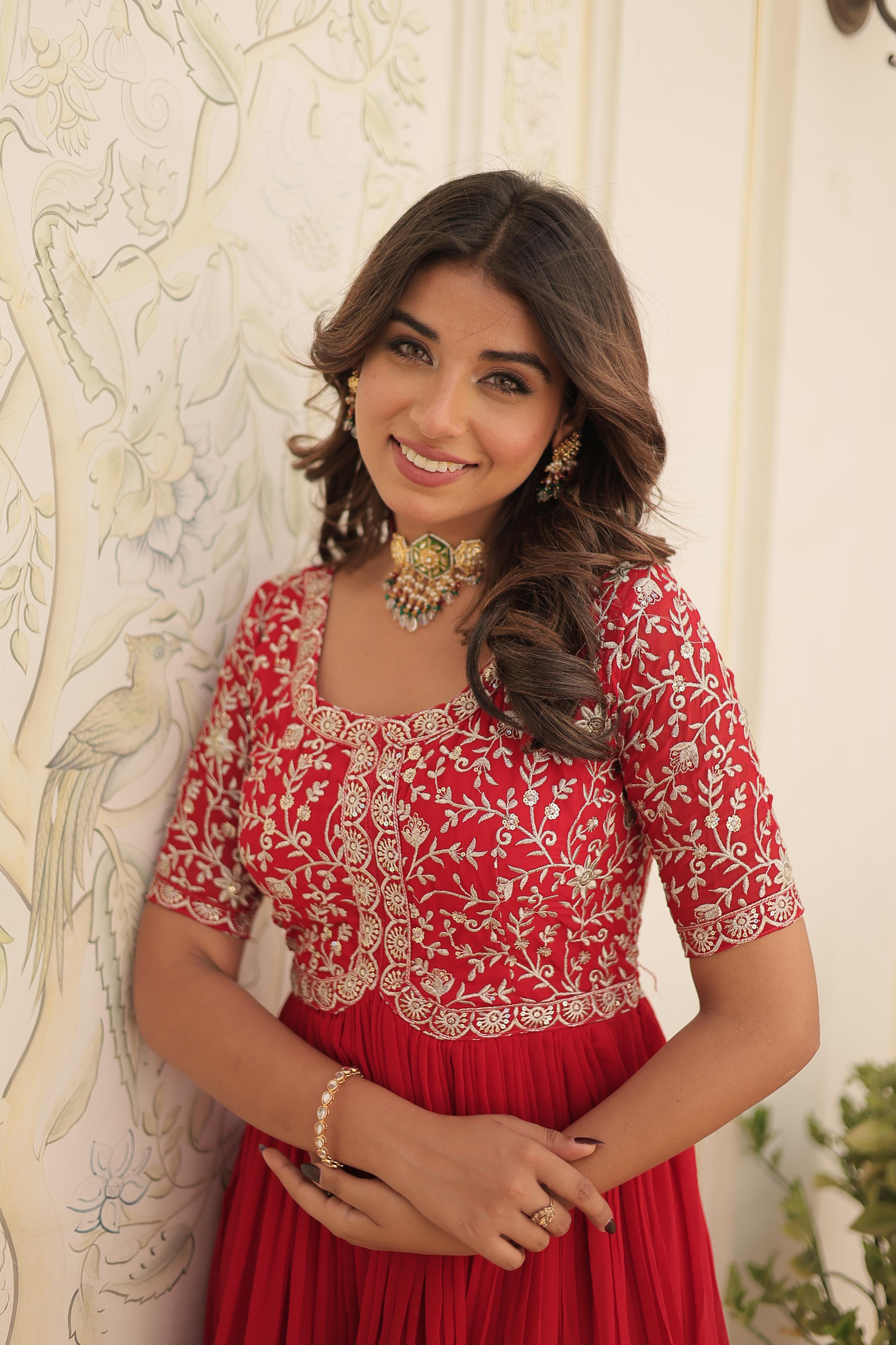 red embroidered gown