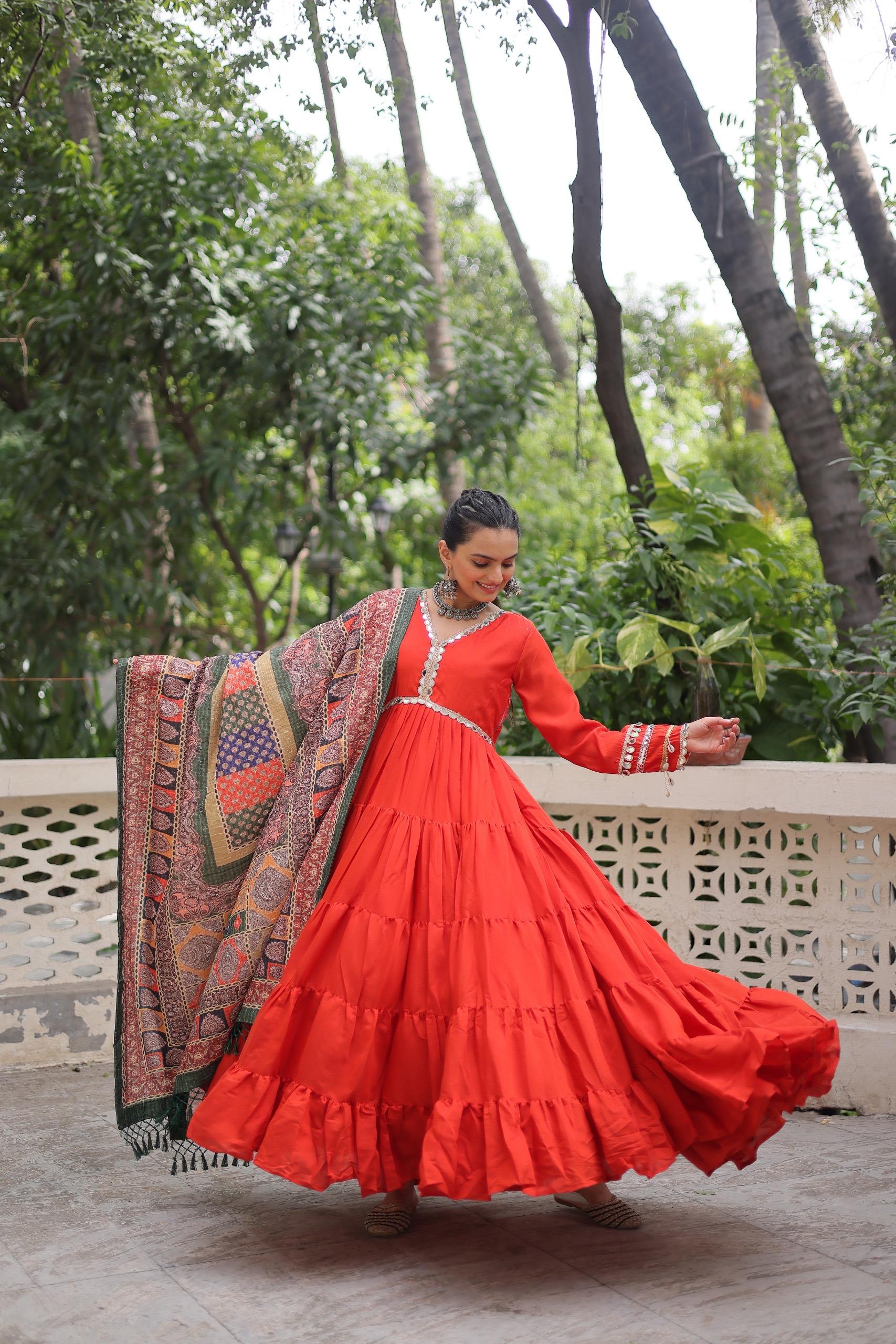 Traditional festive gown with matching dupatta in orange