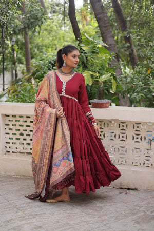 Traditional festive maroon color gown with matching dupatta