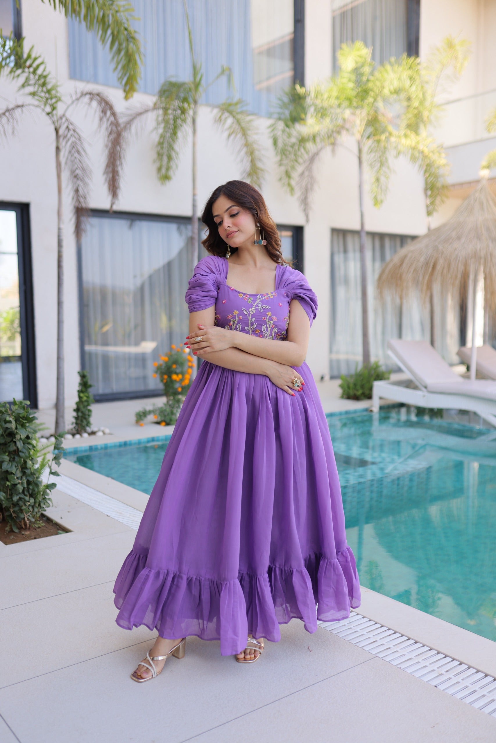Lavender purple designer gown with beads embroidery and square neck for party wear