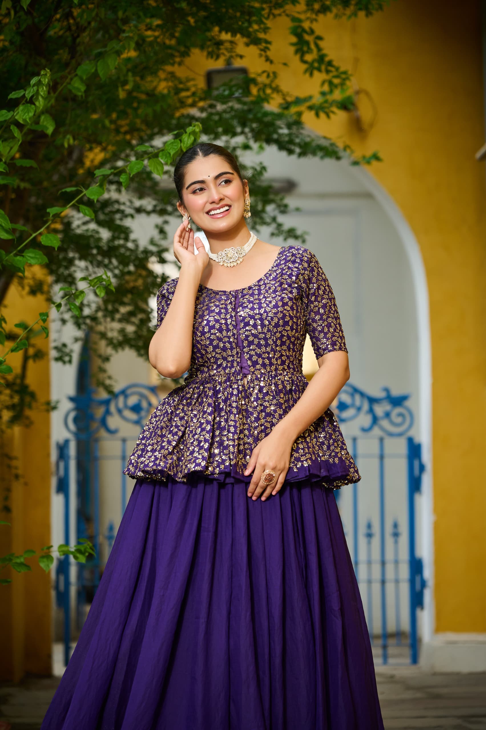Royal Purple Fendy Peplum Blouse & Lehenga Set