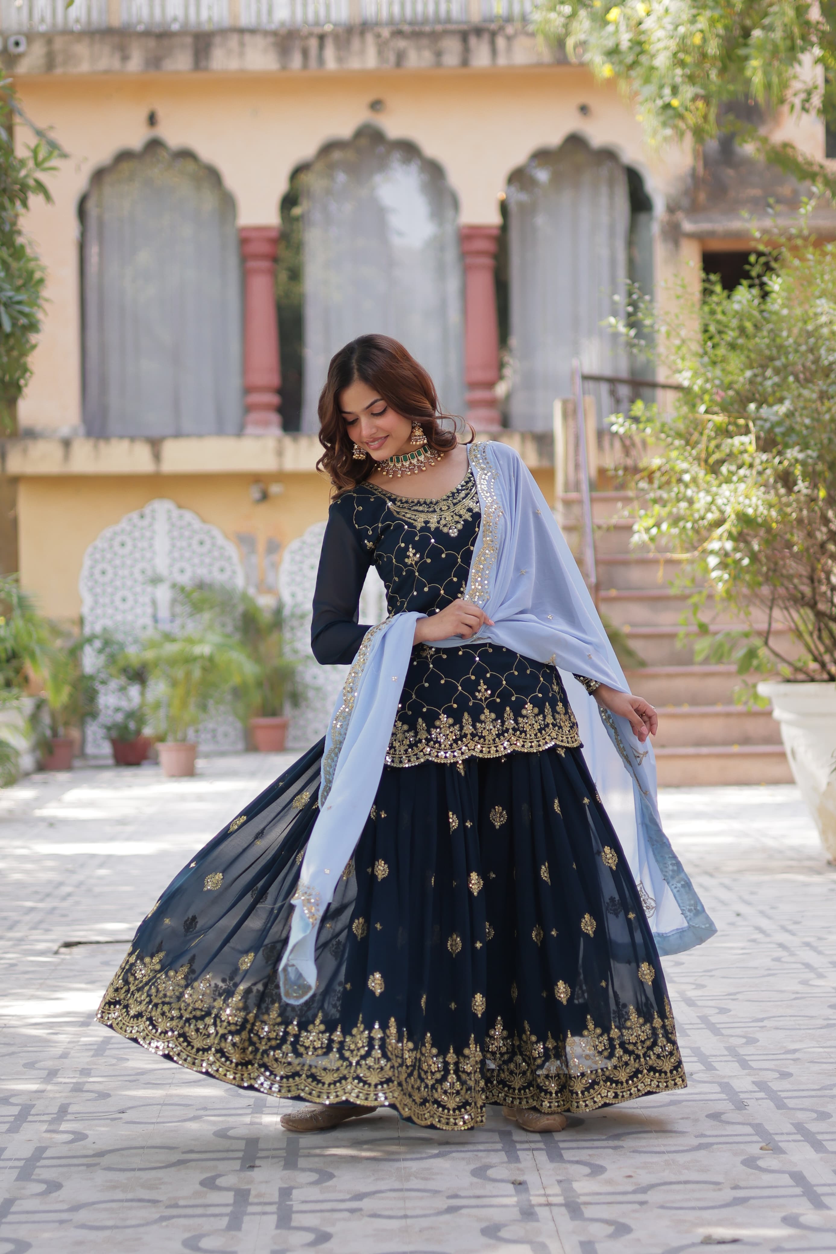 navy blue kurti plazzo set