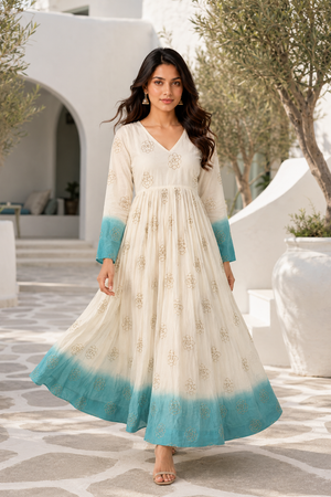 sky blue colour Embroidered designer gown with cotton full inner