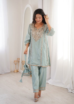 Sky blue designer kurti set with mirror embroidery