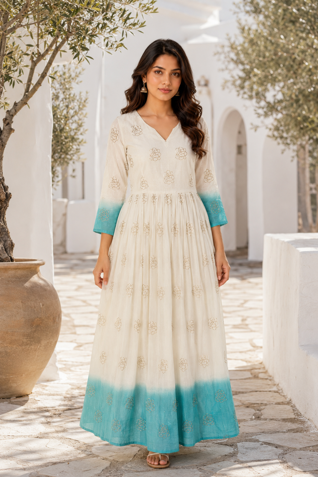 sky blue Latest ethnic gown for women with fancy V neck and long sleeves
