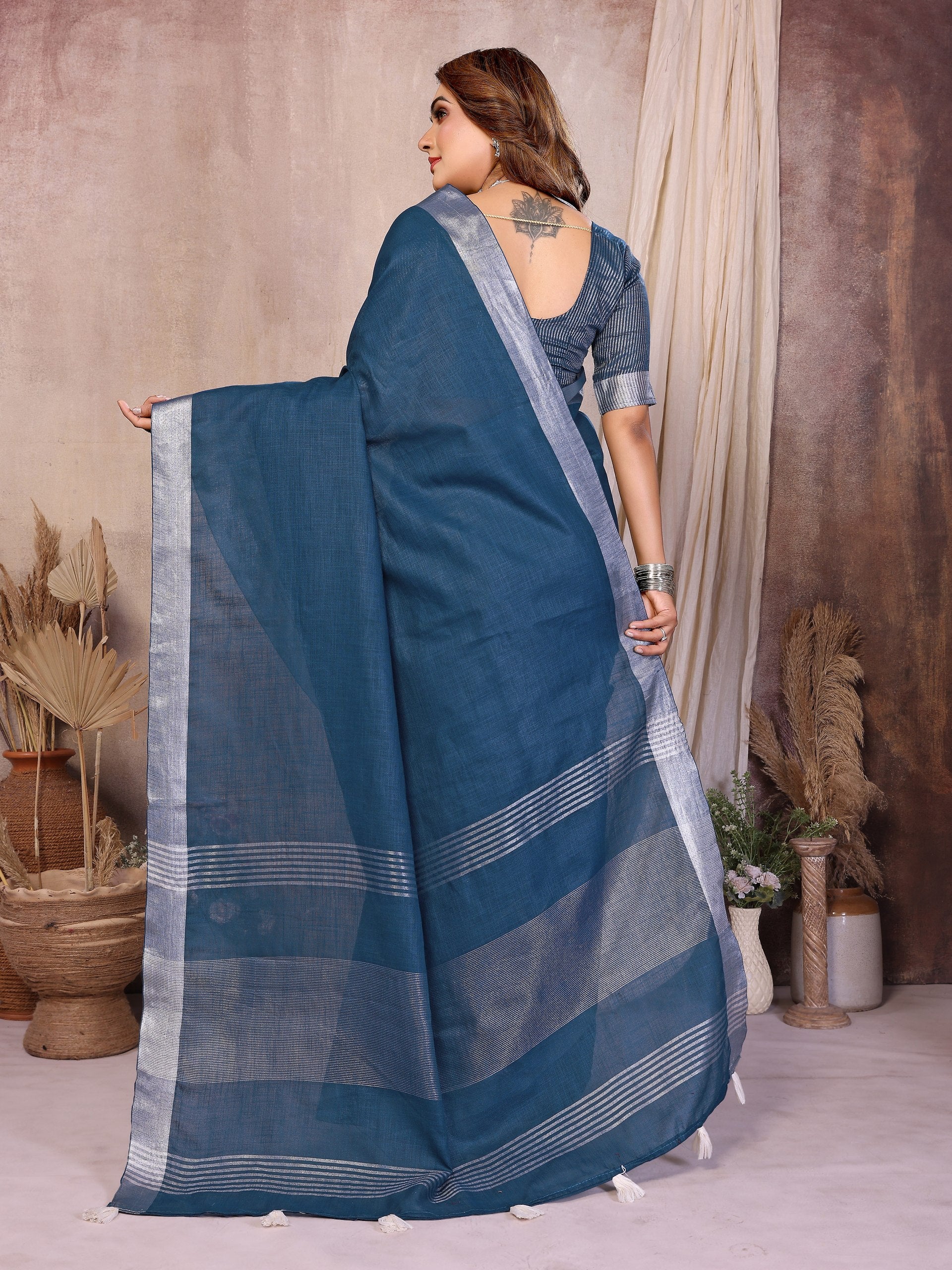 festive linen saree with zari border