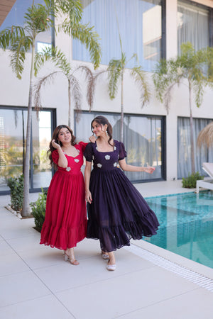 Beads embroidered flared gown with balloon sleeves
