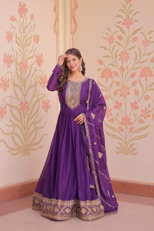 Purple Star Georgette gown with full sleeves and embroidered detailing vastralyn collection