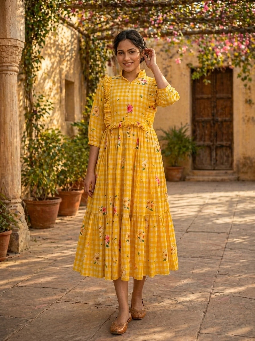 Woman in a yellow checkered dress with floral patterns standing in an outdoor setting.