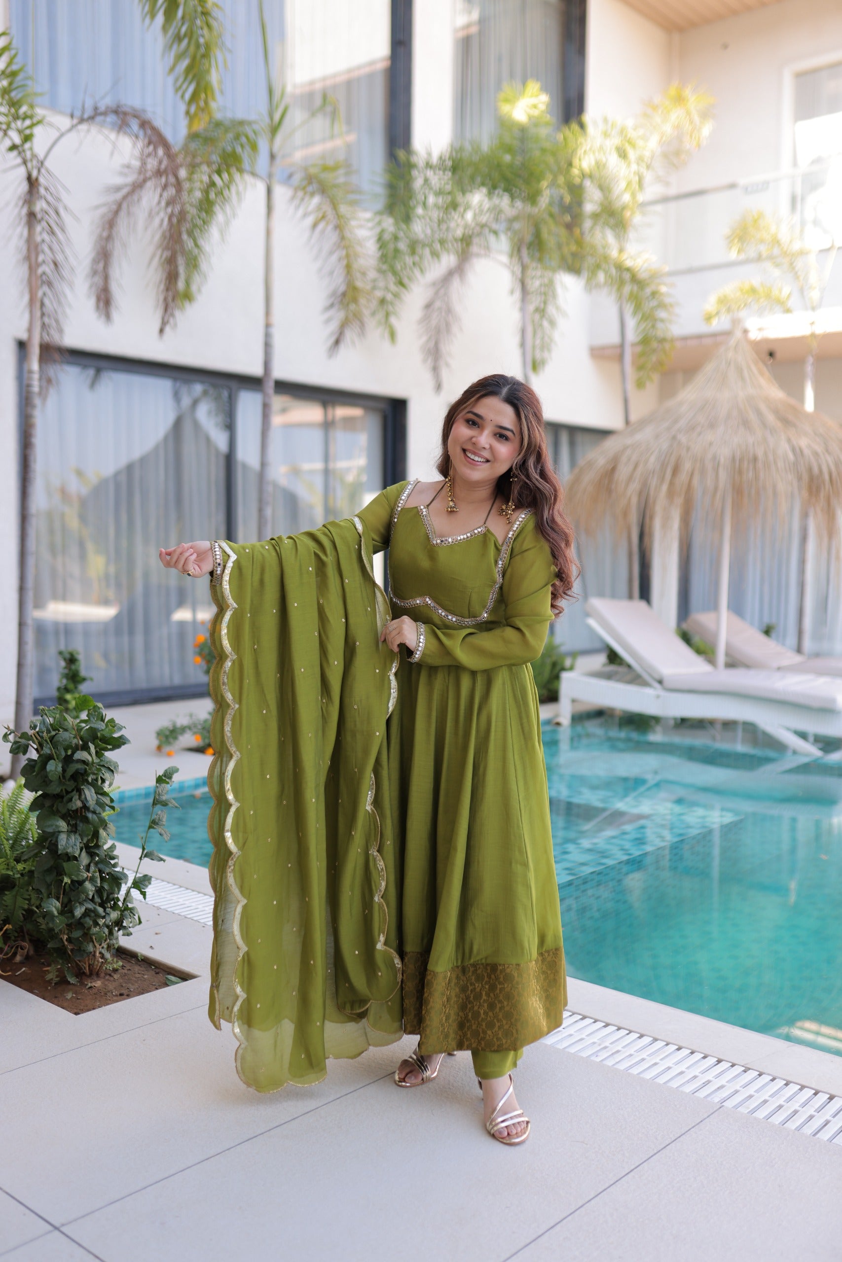 Kali pattern flared green anarkali suit