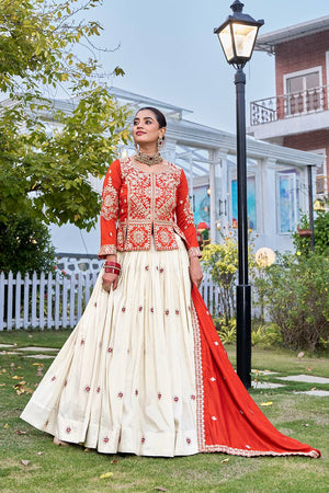 This traditional lehenga choli with embroidery work is perfect for cultural occasions and festive styling.