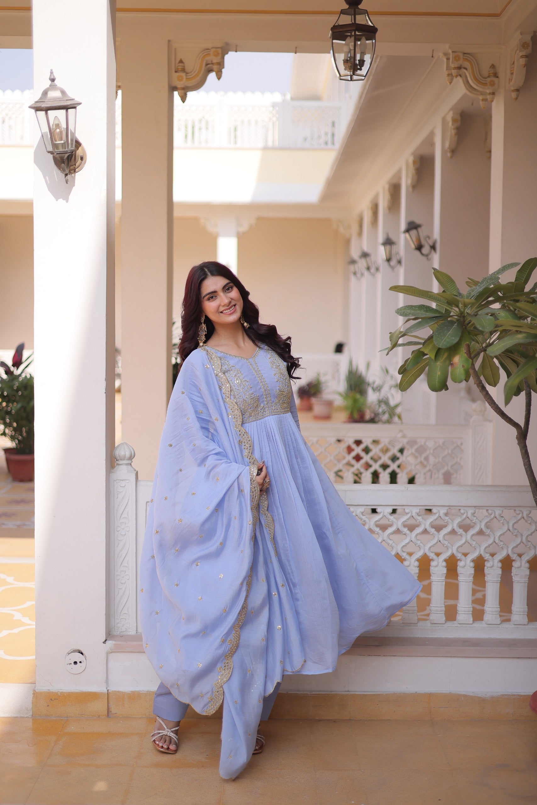 Ready to wear embroidered gown set for festive and party wear