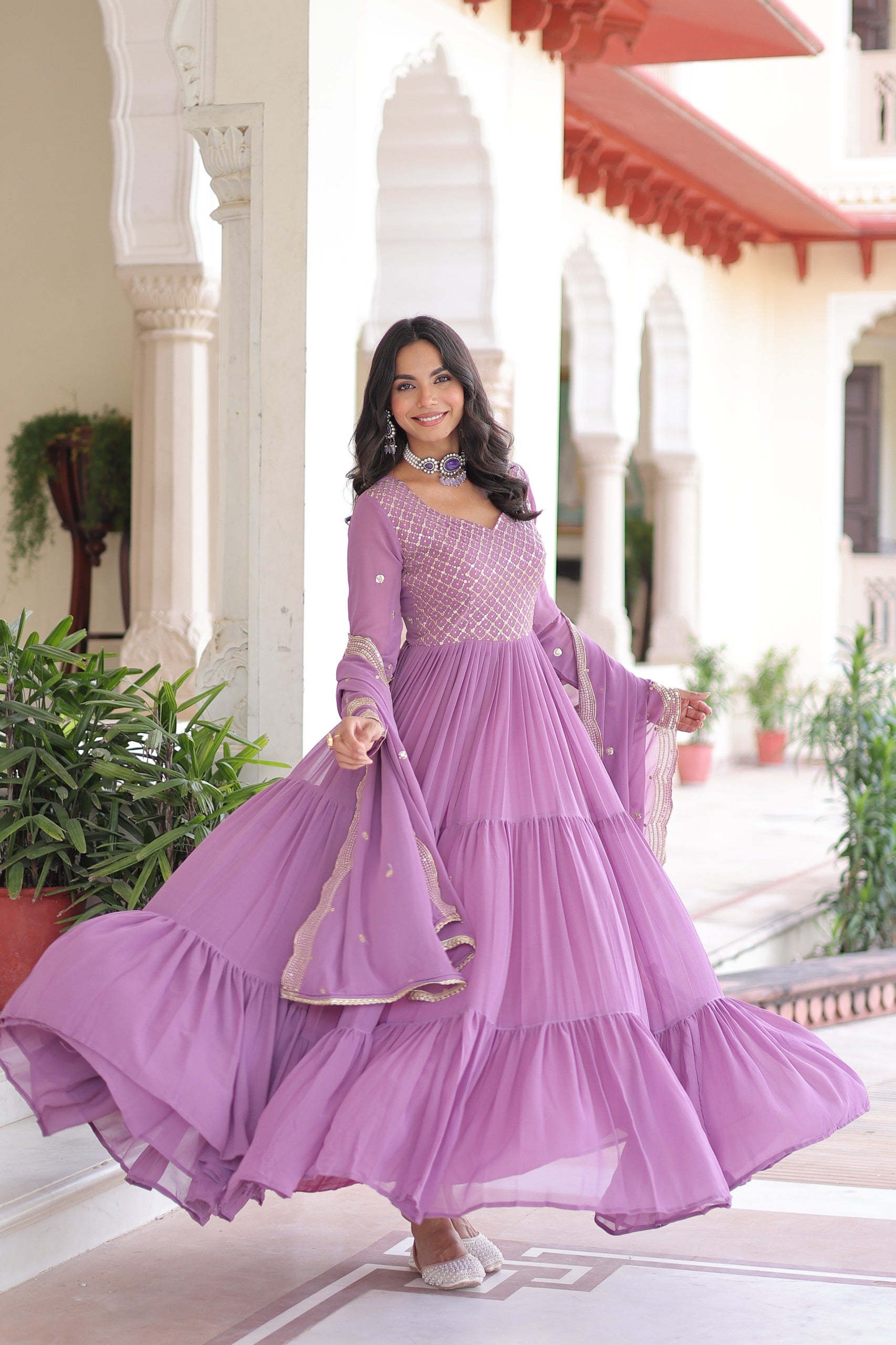 pink colour party wear georgette gown​