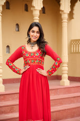 Red embroidered rayon kurti with round neck

