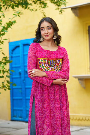 Pink Bandhej Print Kurti with Kutchi Patchwork