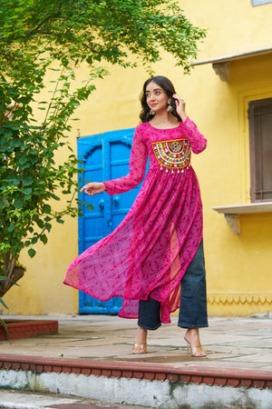 Model wearing Pink Bandhej Kutchi Kurti
