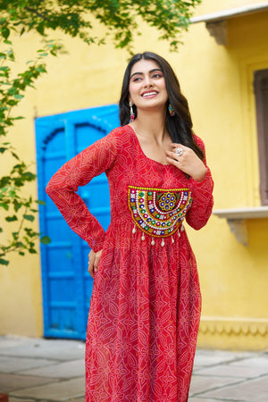 Red Ethnic Bandhej Kurti with Designer Kutchi Patch