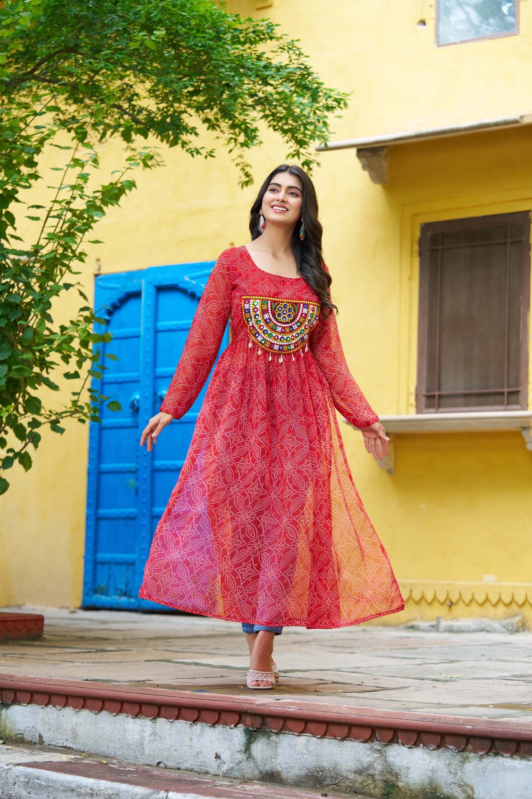Red Ethnic Bandhej Kurti with Designer Kutchi Patch