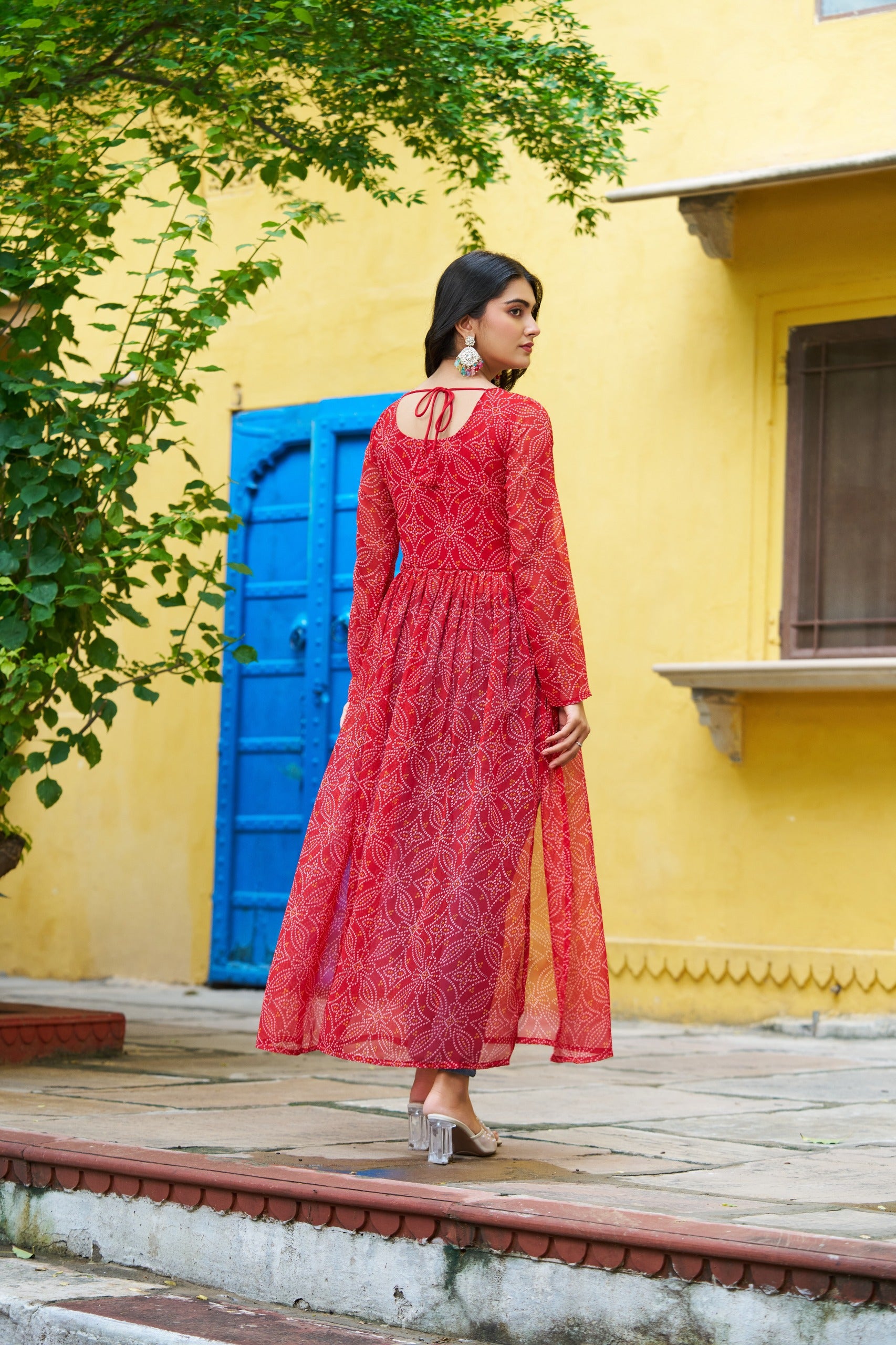 Elegant Red Bandhej Kurti with Mirror Work Patch